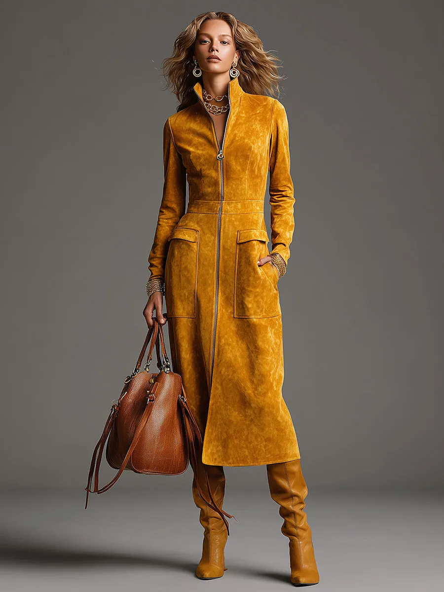 Vintage Western Front Zip-Up Yellow Faux Suede Midi Dress sold by Oyrosy product image thumbnail 2