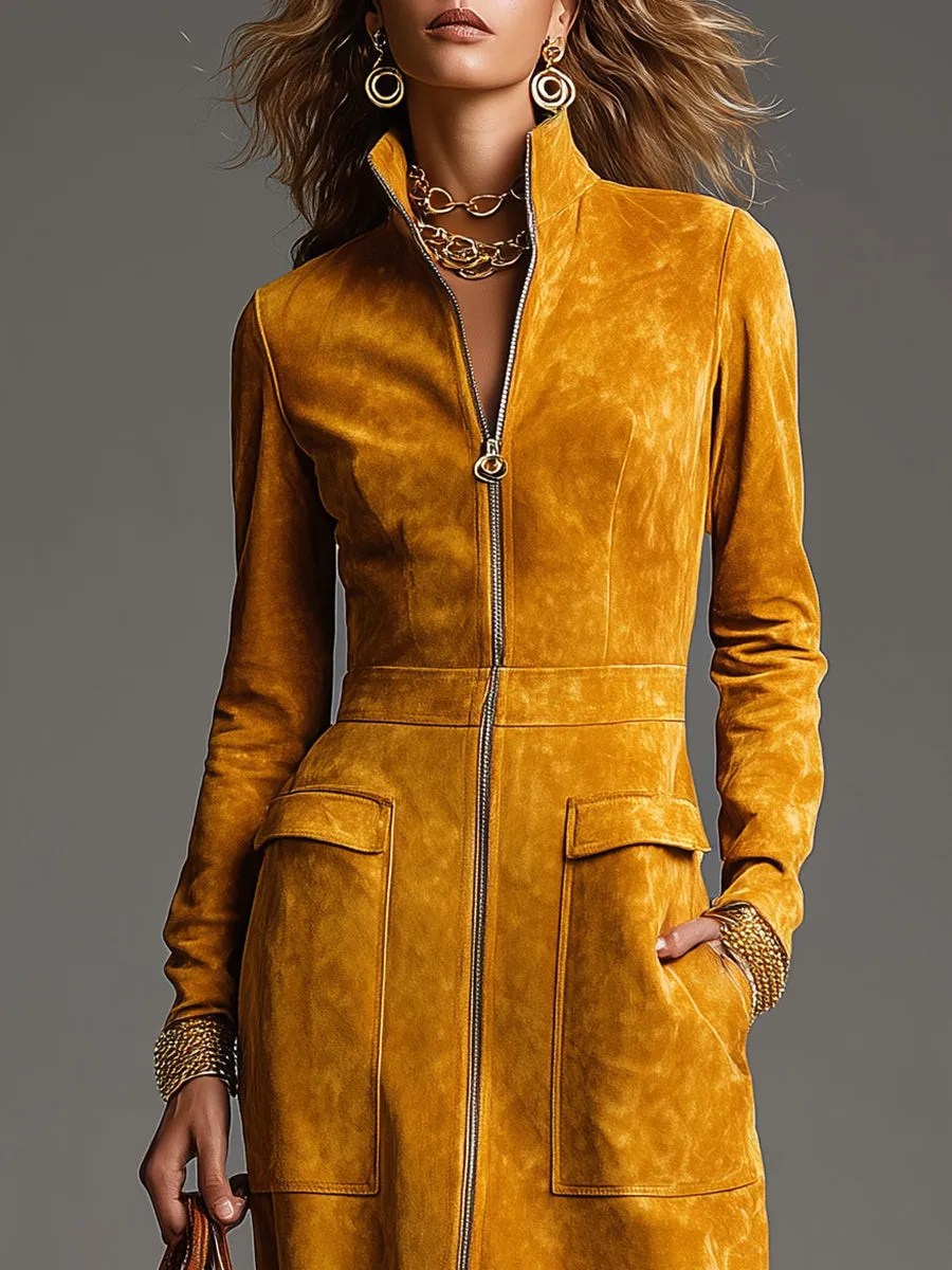 Vintage Western Front Zip-Up Yellow Faux Suede Midi Dress sold by Oyrosy product image thumbnail 3