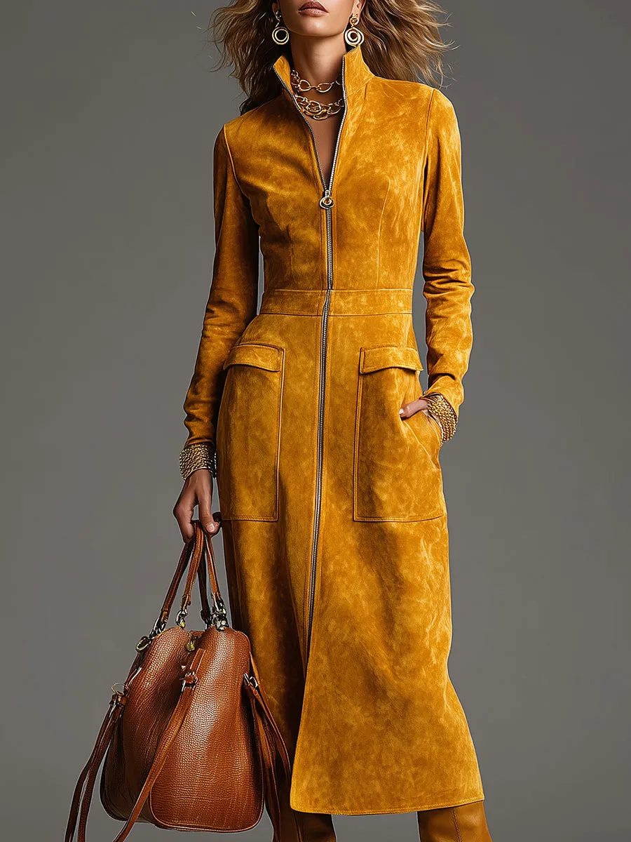 Vintage Western Front Zip-Up Yellow Faux Suede Midi Dress sold by Oyrosy