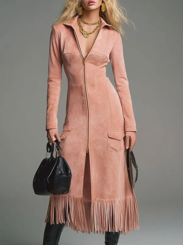 Vintage Western Front Zipper Tassel Pink Faux Suede Midi Dress sold by Oyrosy