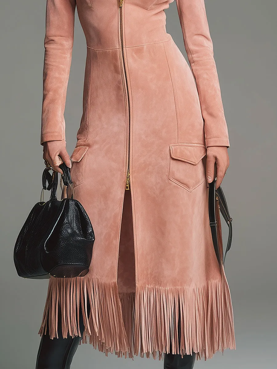 Vintage Western Front Zipper Tassel Pink Faux Suede Midi Dress sold by Oyrosy product image thumbnail 4