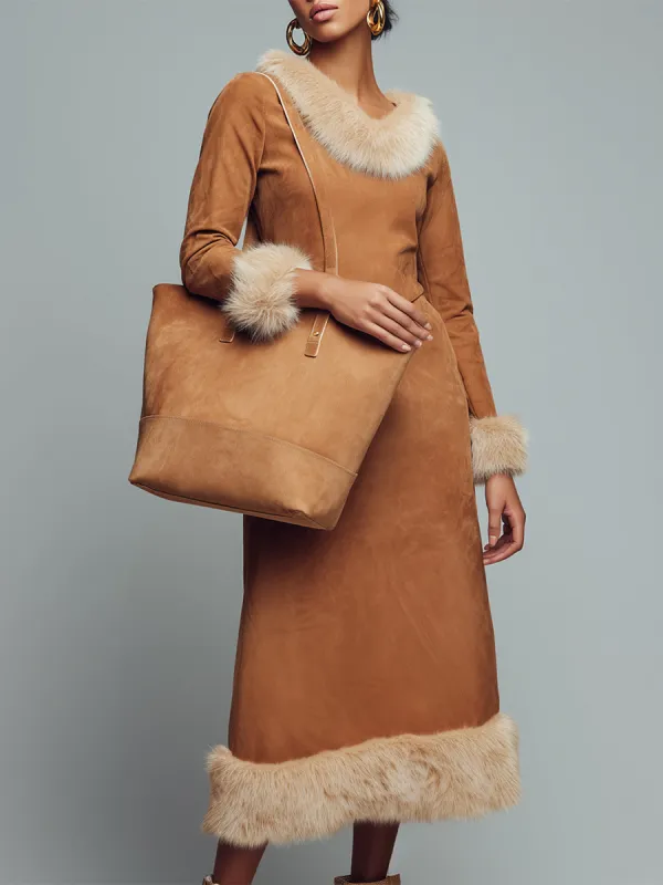 Fashionable Western Style Faux Fur Stitching Brown Faux Suede Midi Dress sold by Oyrosy