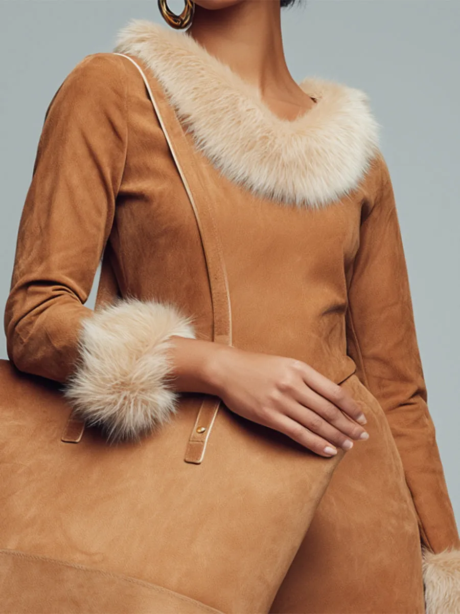 Fashionable Western Style Faux Fur Stitching Brown Faux Suede Midi Dress sold by Oyrosy product image thumbnail 3