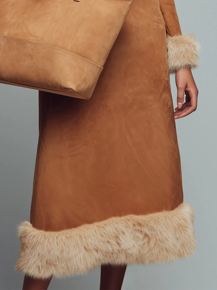 Fashionable Western Style Faux Fur Stitching Brown Faux Suede Midi Dress sold by Oyrosy product image thumbnail 4