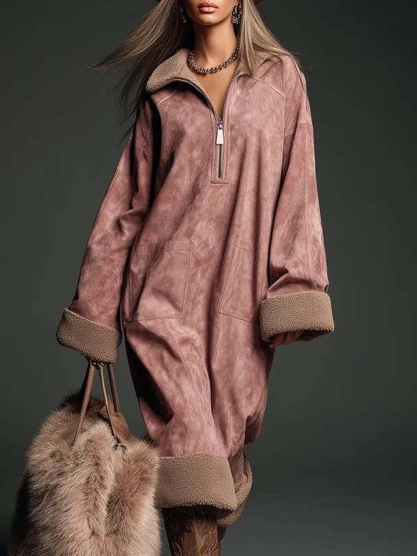 High-end Fashionable Beige Polar Fleece Pink Faux Suede Midi Dress sold by Oyrosy