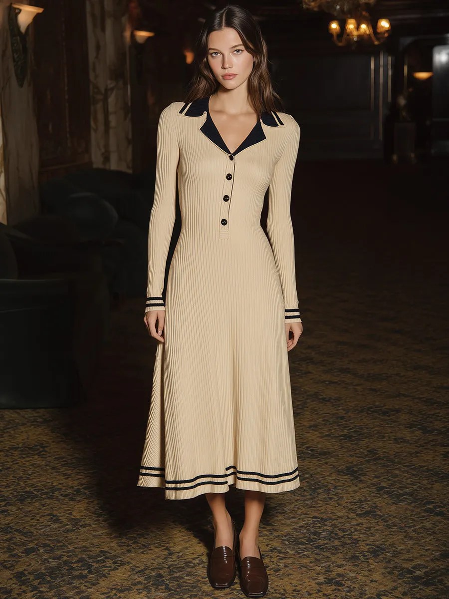 Retro Casual Black Polo Collar Beige Knitted Maxi Dress sold by Oyrosy product image thumbnail 2