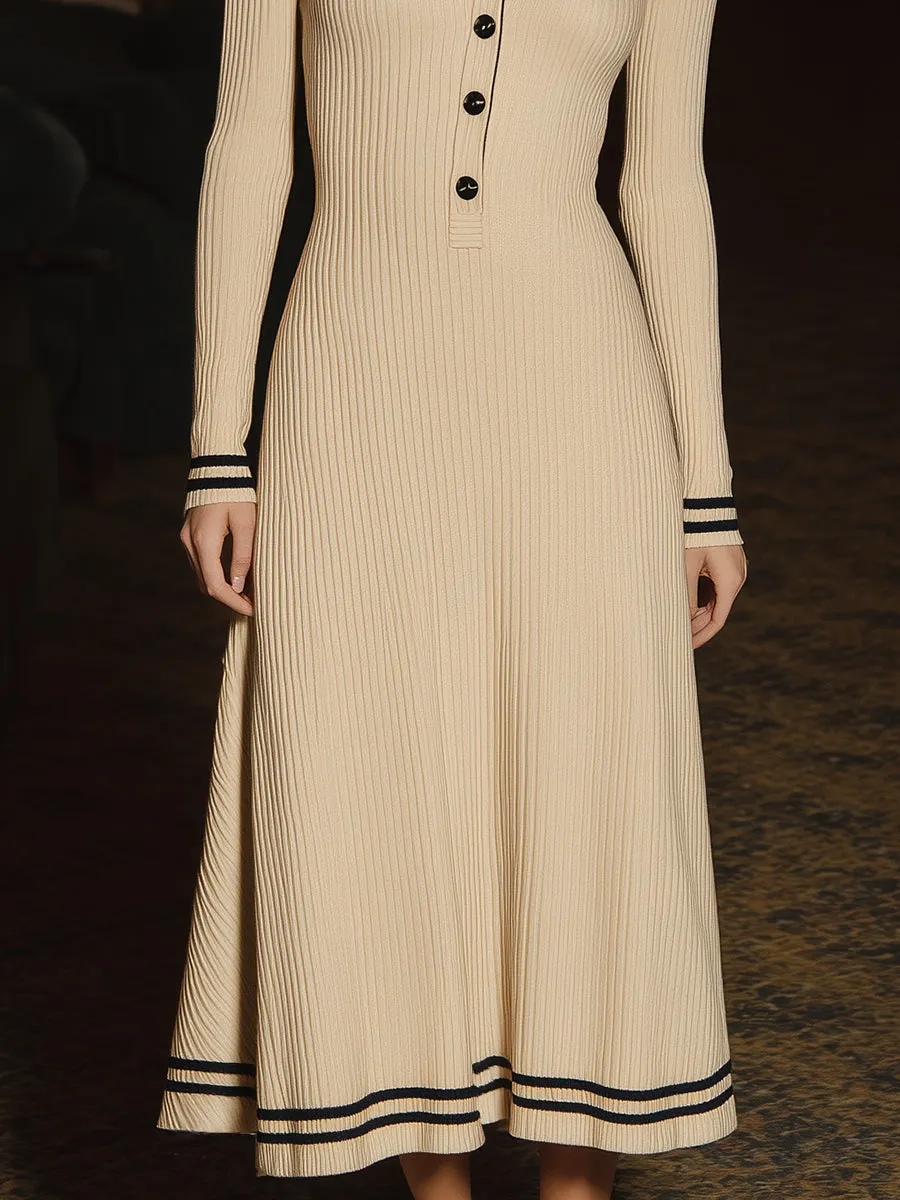 Retro Casual Black Polo Collar Beige Knitted Maxi Dress sold by Oyrosy product image thumbnail 4