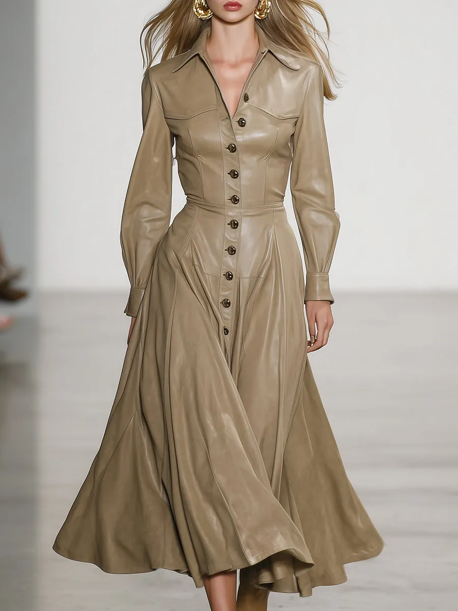 Retro Casual Khaki PUmaxi Dress sold by Oyrosy