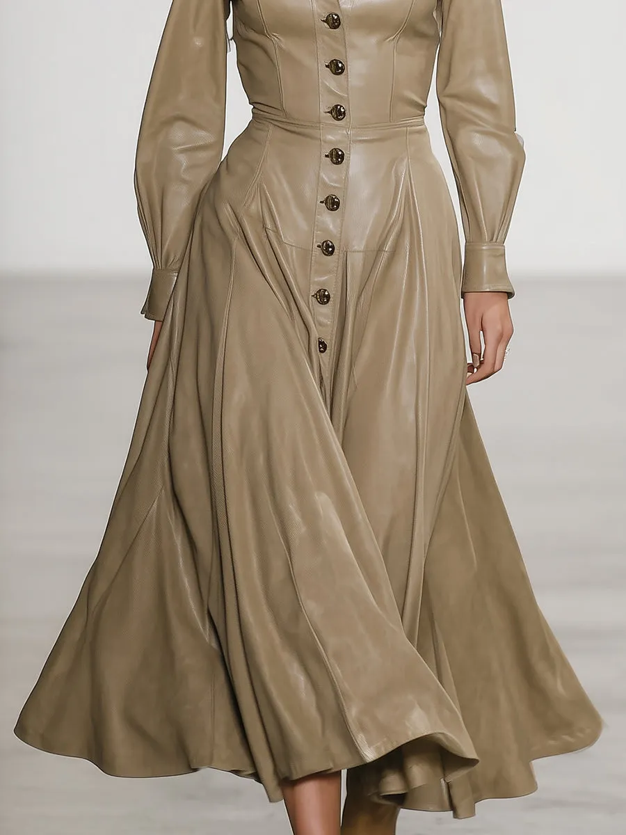 Retro Casual Khaki PUmaxi Dress sold by Oyrosy product image thumbnail 4