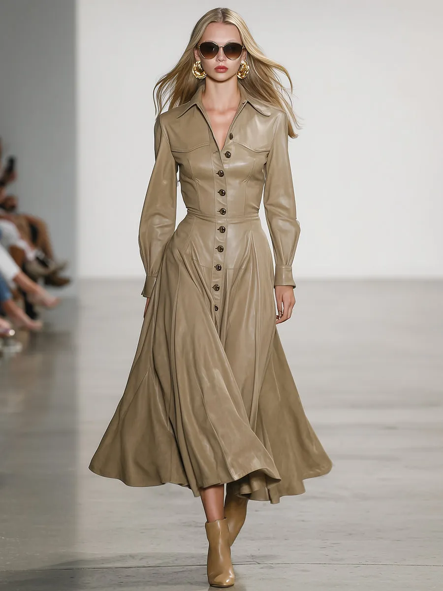 Retro Casual Khaki PUmaxi Dress sold by Oyrosy product image thumbnail 2