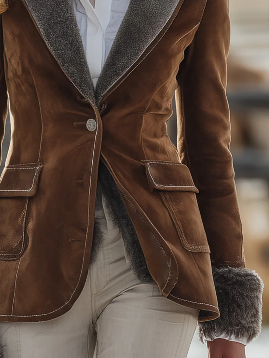 Vintage Western Grey Plush Lapel Brown Faux Suede Jacket sold by Oyrosy product image thumbnail 4