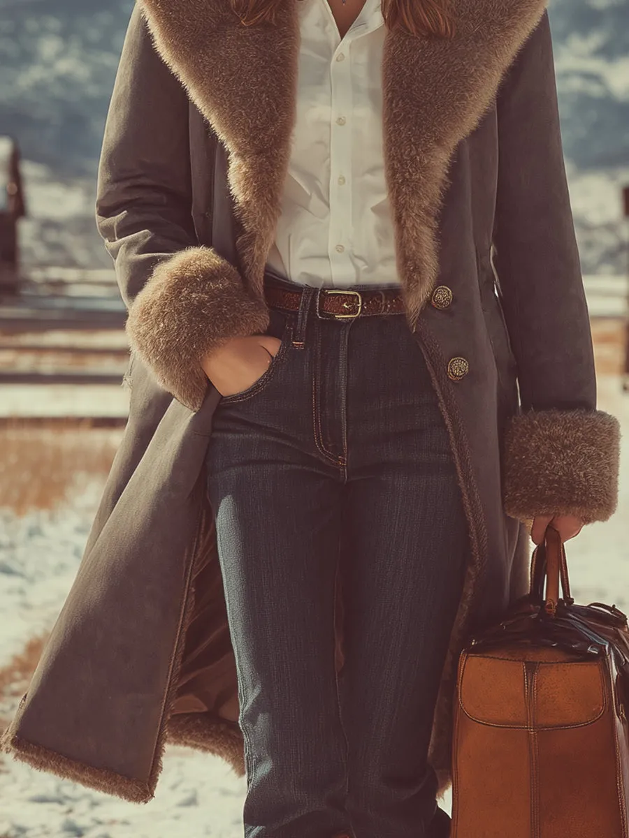 Vintage Western Plush Lapel Grey Faux Suede Coat sold by Oyrosy product image thumbnail 4