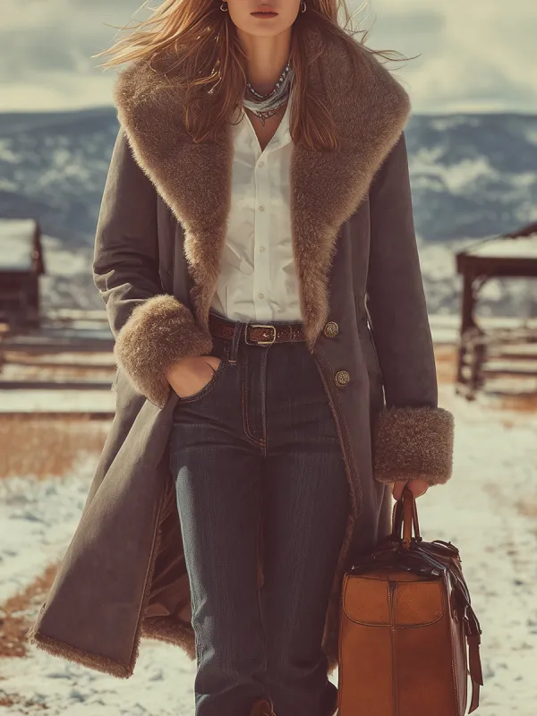 Vintage Western Plush Lapel Grey Faux Suede Coat sold by Oyrosy