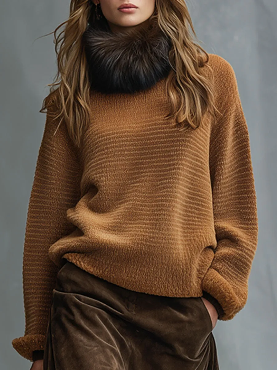 Casual Retro Caramel Knitted Round Neck Fur Collar Pullover Sweater sold by Oyrosy