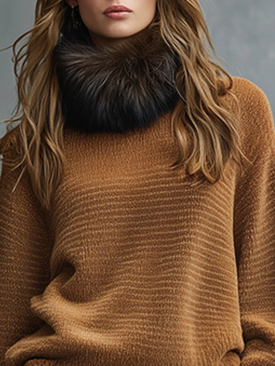 Casual Retro Caramel Knitted Round Neck Fur Collar Pullover Sweater sold by Oyrosy product image thumbnail 3