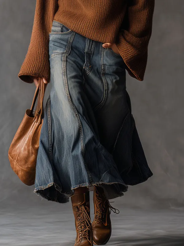 Casual Retro Raw Edge Gray-blue Denim Skirt sold by Oyrosy