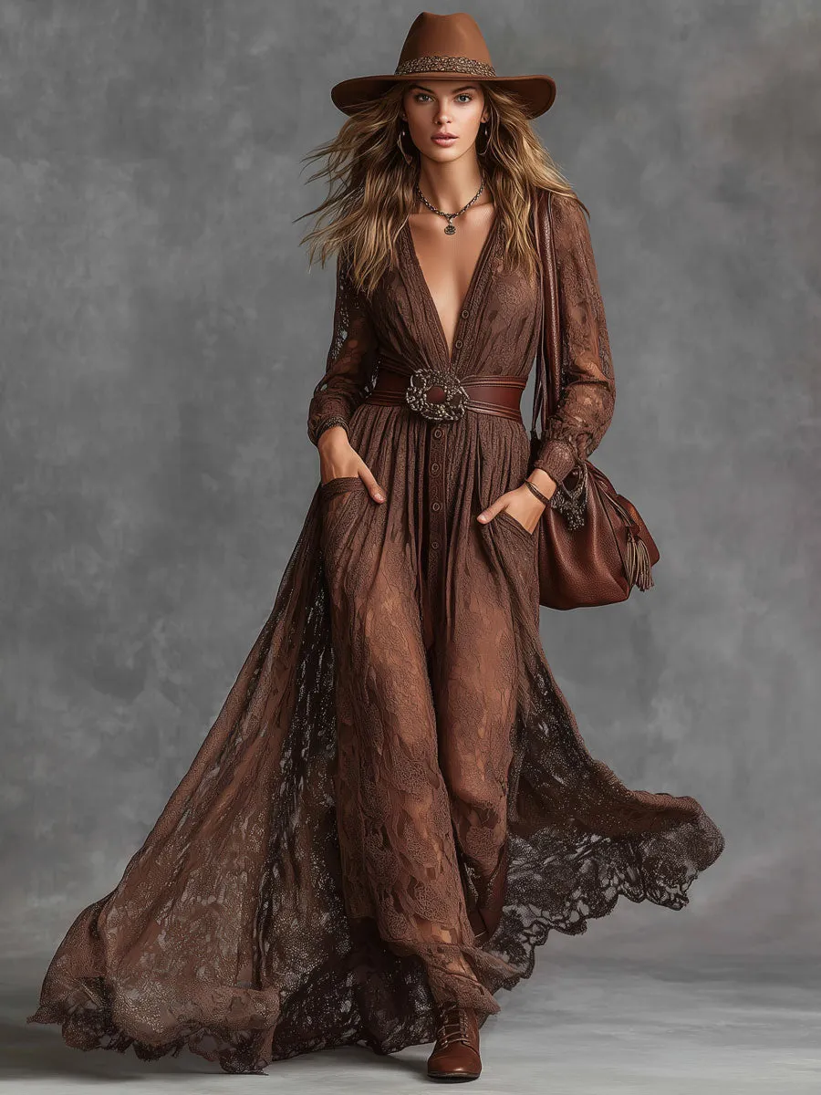 Fashion Retro V-neck Brown Lace Long Sleeve Maxi Dress sold by Oyrosy product image thumbnail 2