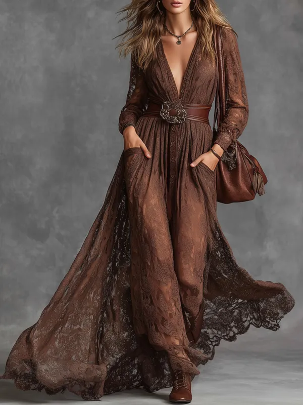 Fashion Retro V-neck Brown Lace Long Sleeve Maxi Dress sold by Oyrosy
