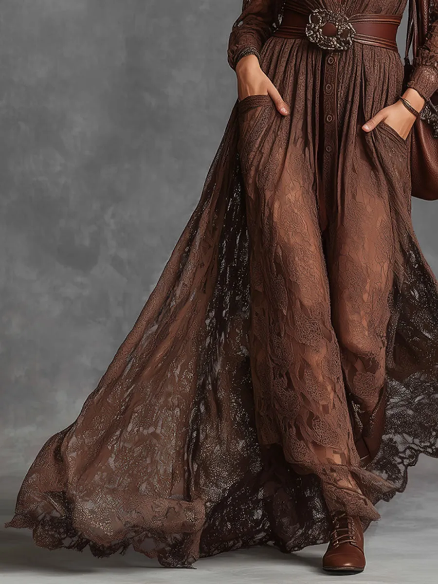 Fashion Retro V-neck Brown Lace Long Sleeve Maxi Dress sold by Oyrosy product image thumbnail 4