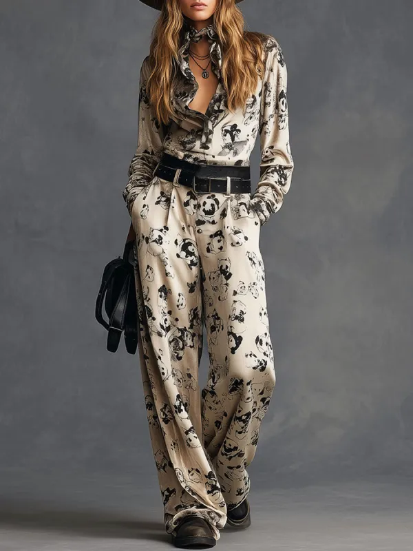 Casual Retro Panda Beige Velvet Long Sleeve Shirt Wide Leg Pants Set sold by Oyrosy