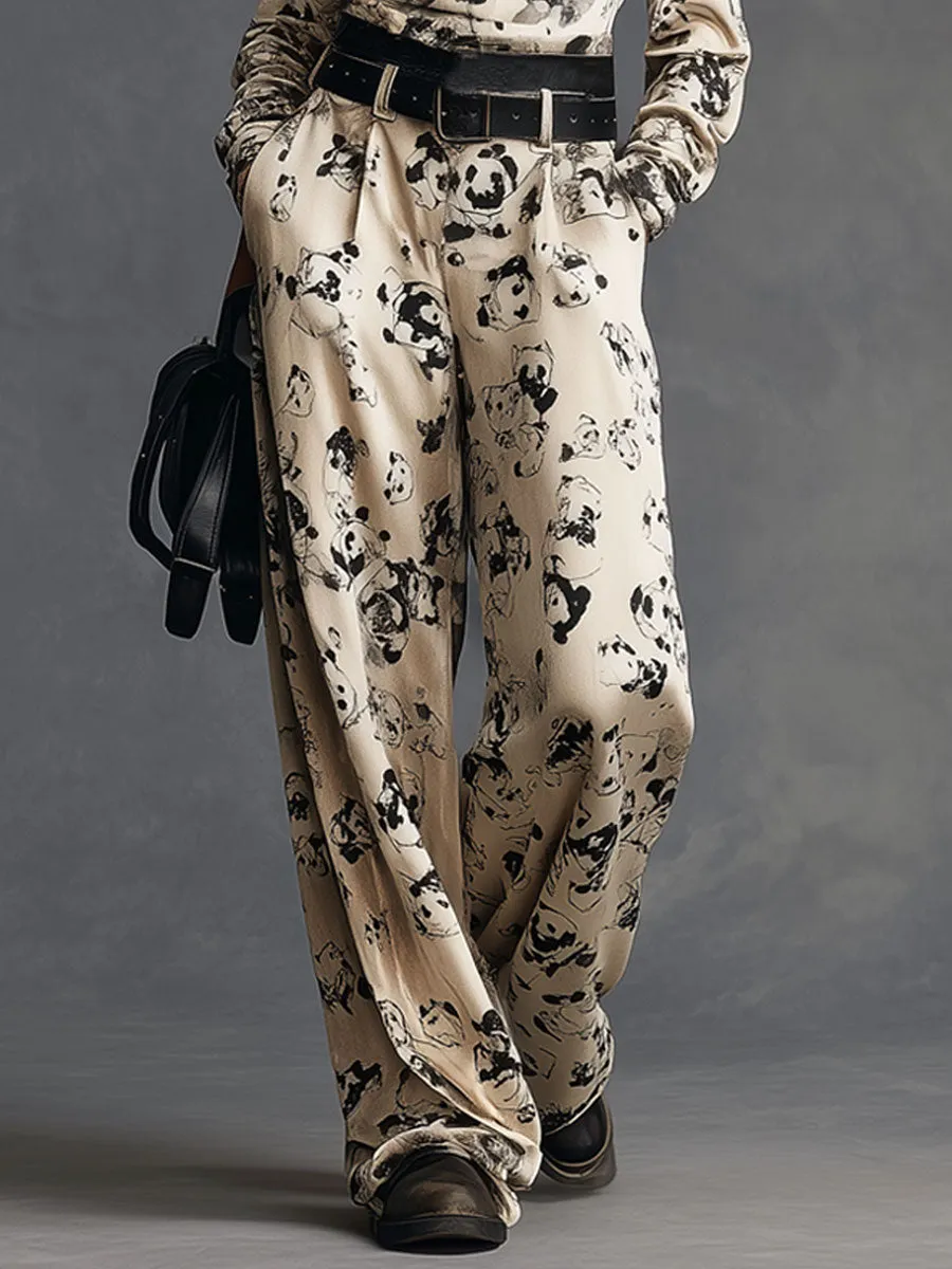 Casual Retro Panda Beige Velvet Long Sleeve Shirt Wide Leg Pants Set sold by Oyrosy product image thumbnail 4
