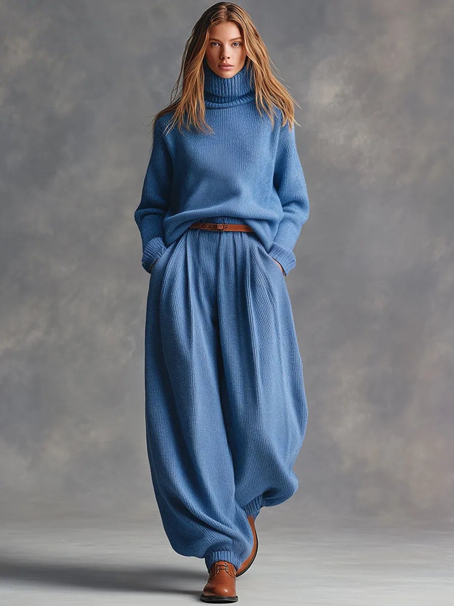 Casual Retro Blue Knitted Turtleneck Pullover Sweatpants Set sold by Oyrosy product image thumbnail 2