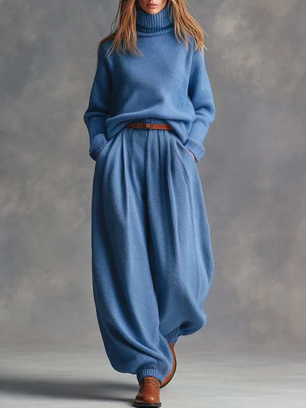 Casual Retro Blue Knitted Turtleneck Pullover Sweatpants Set sold by Oyrosy