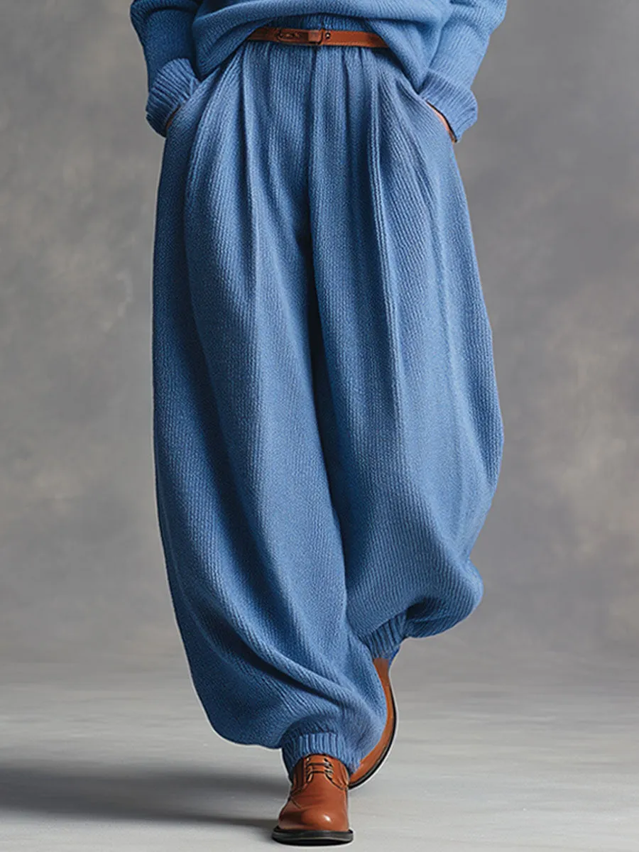 Casual Retro Blue Knitted Turtleneck Pullover Sweatpants Set sold by Oyrosy product image thumbnail 4