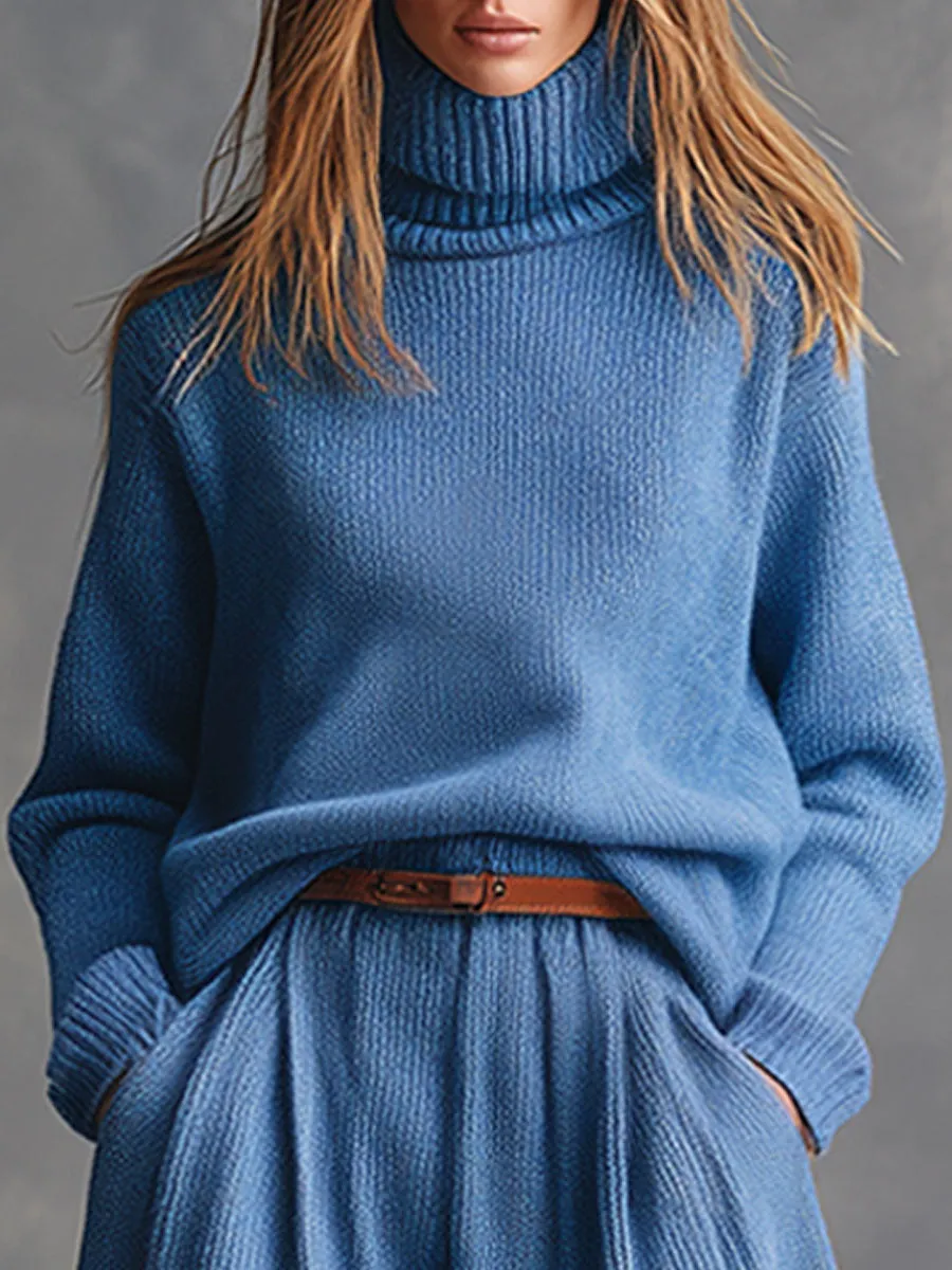 Casual Retro Blue Knitted Turtleneck Pullover Sweatpants Set sold by Oyrosy product image thumbnail 3