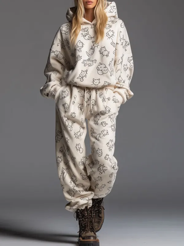 Casual Retro Art Cat Beige Velvet Hooded Sweatshirt And Pants Set sold by Oyrosy