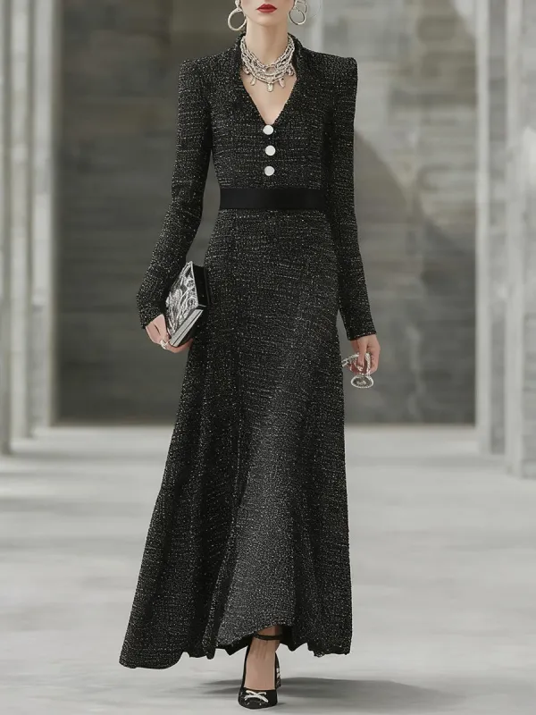 Tweed Black V-neck Button Belt Spliced maxi Dress sold by Oyrosy