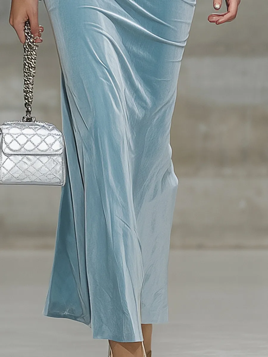 Elegant Light Blue Velvet Jacket And Skirt Set sold by Oyrosy product image thumbnail 4