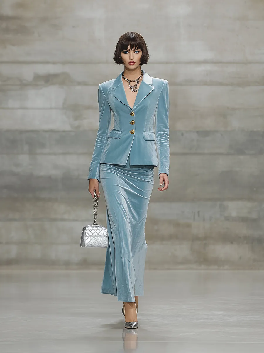 Elegant Light Blue Velvet Jacket And Skirt Set sold by Oyrosy product image thumbnail 2