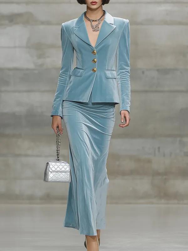 Elegant Light Blue Velvet Jacket And Skirt Set sold by Oyrosy