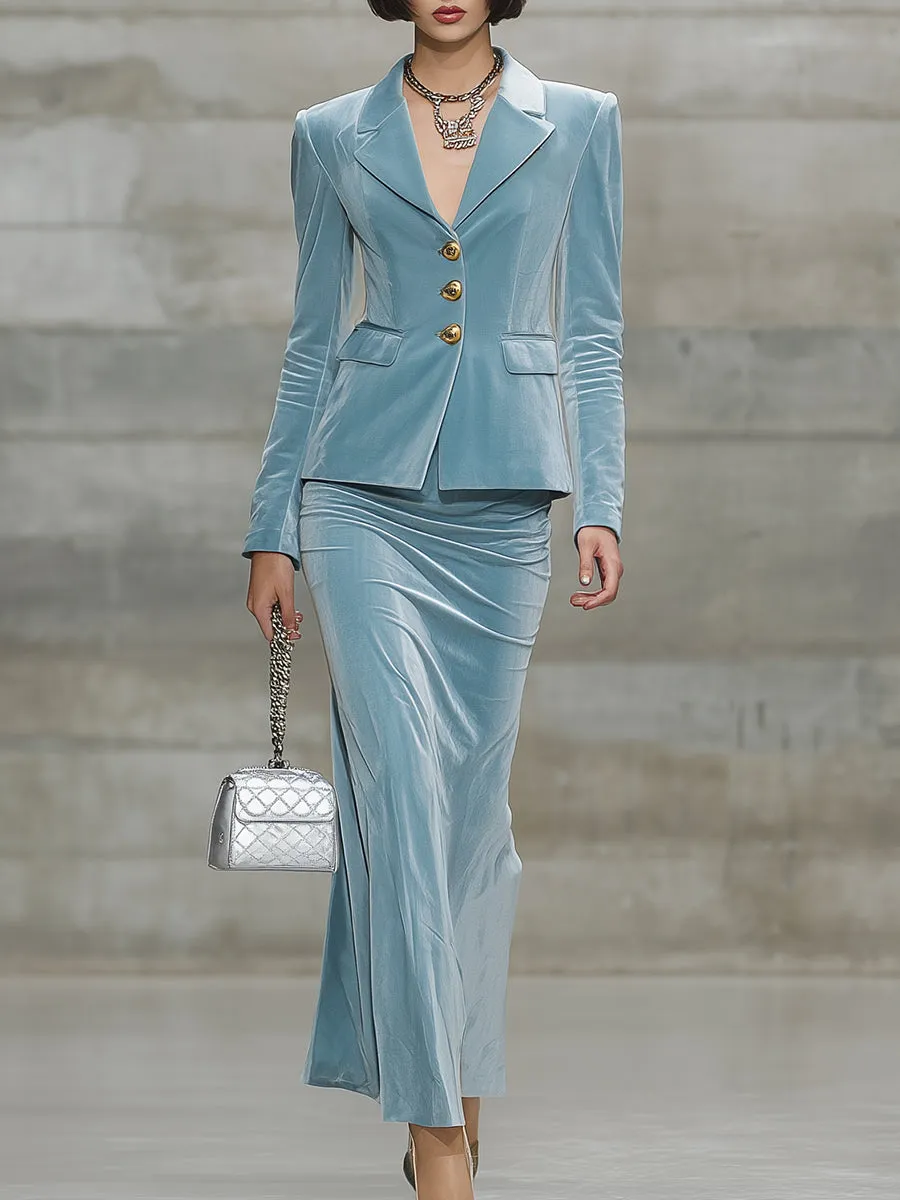Elegant Light Blue Velvet Jacket And Skirt Set sold by Oyrosy