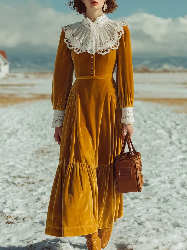 Fashionable Caramel Color And White Lace Maxi Dress sold by Oyrosy