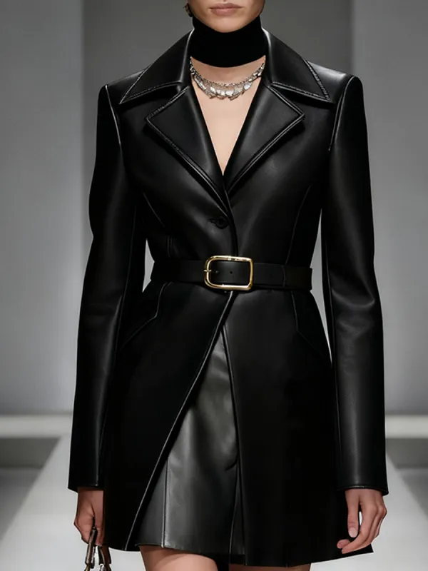 Fashionable Black Imitation PU Lapel Mid-length Coat sold by Oyrosy