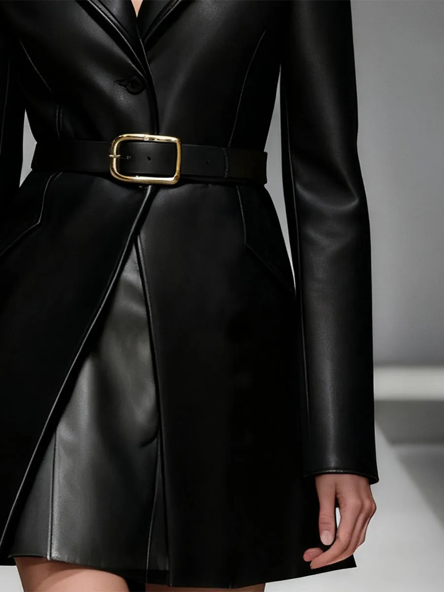 Fashionable Black Imitation PU Lapel Mid-length Coat sold by Oyrosy product image thumbnail 4