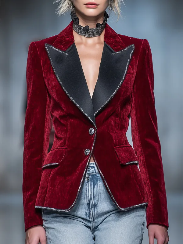 Elegant Red Velvet, Black Satin And Silver Ribbon Blazer sold by Oyrosy