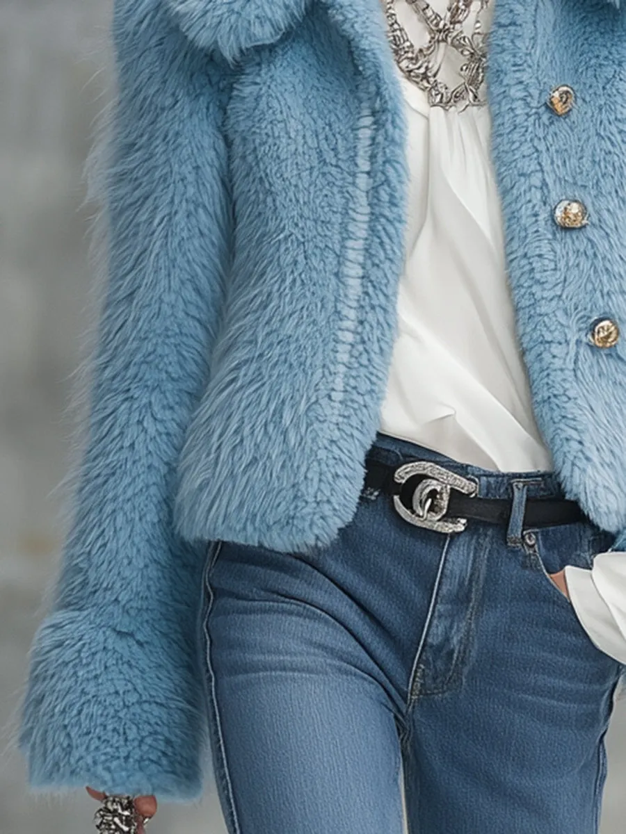 Elegant Blue Eco-friendly Fur Button Short Coat sold by Oyrosy product image thumbnail 4