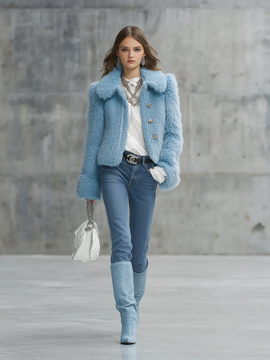 Elegant Blue Eco-friendly Fur Button Short Coat sold by Oyrosy product image thumbnail 2