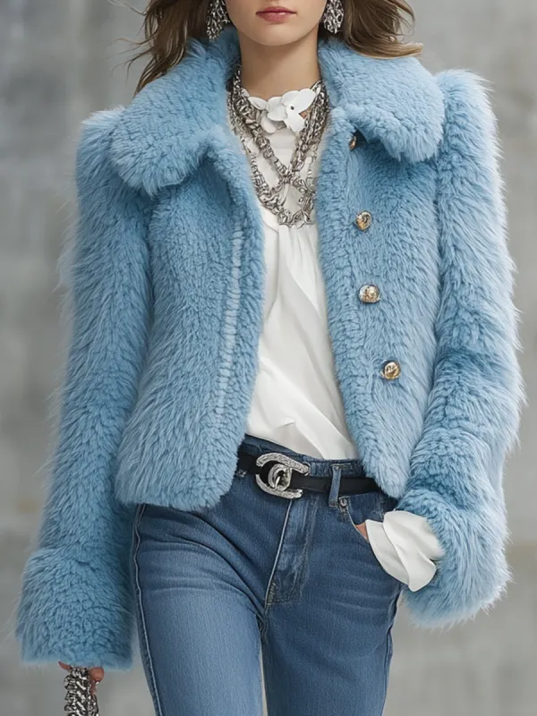 Elegant Blue Eco-friendly Fur Button Short Coat sold by Oyrosy