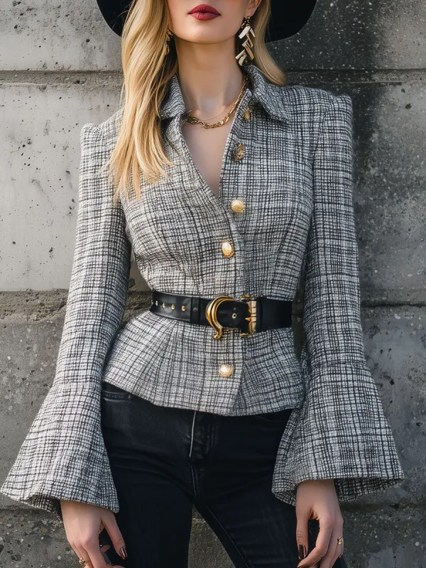 Fashion Retro Black And White Plaid Lapel Tweed Blazer sold by Oyrosy