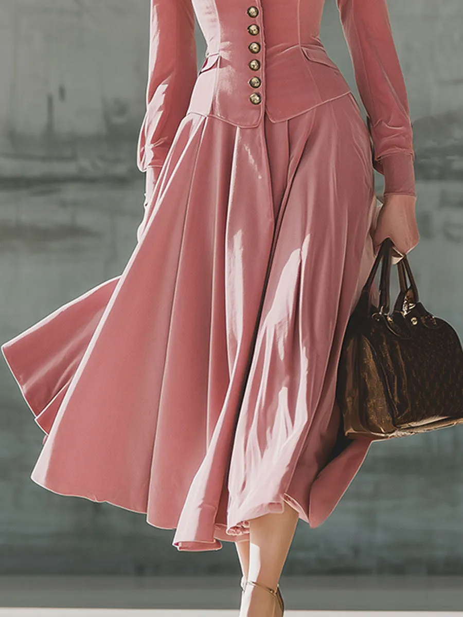 Fashion Retro Pink Velvet Lapel Top Skirt Set sold by Oyrosy product image thumbnail 4