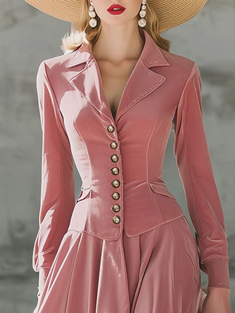 Fashion Retro Pink Velvet Lapel Top Skirt Set sold by Oyrosy product image thumbnail 3