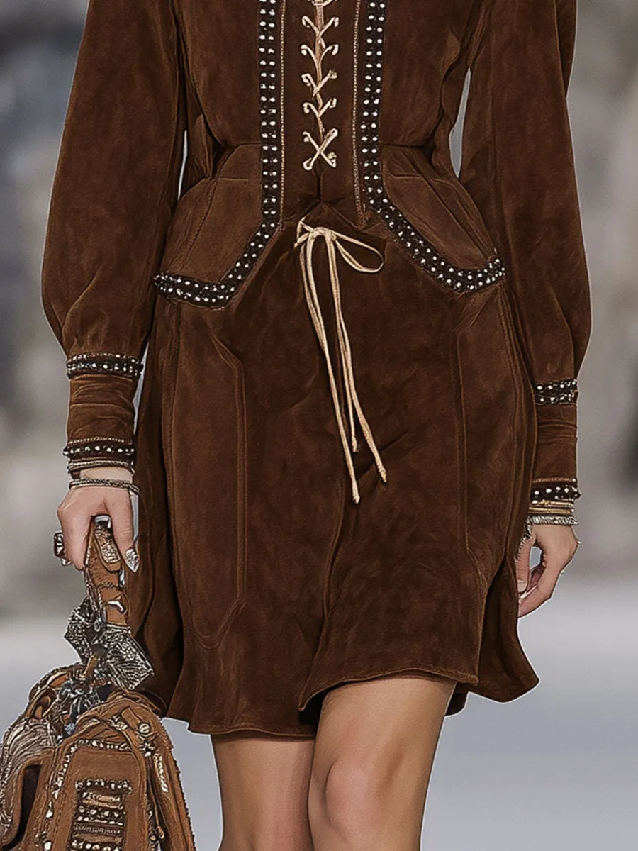 Vintage Brown Studded Suede Midi Dress sold by Oyrosy product image thumbnail 4