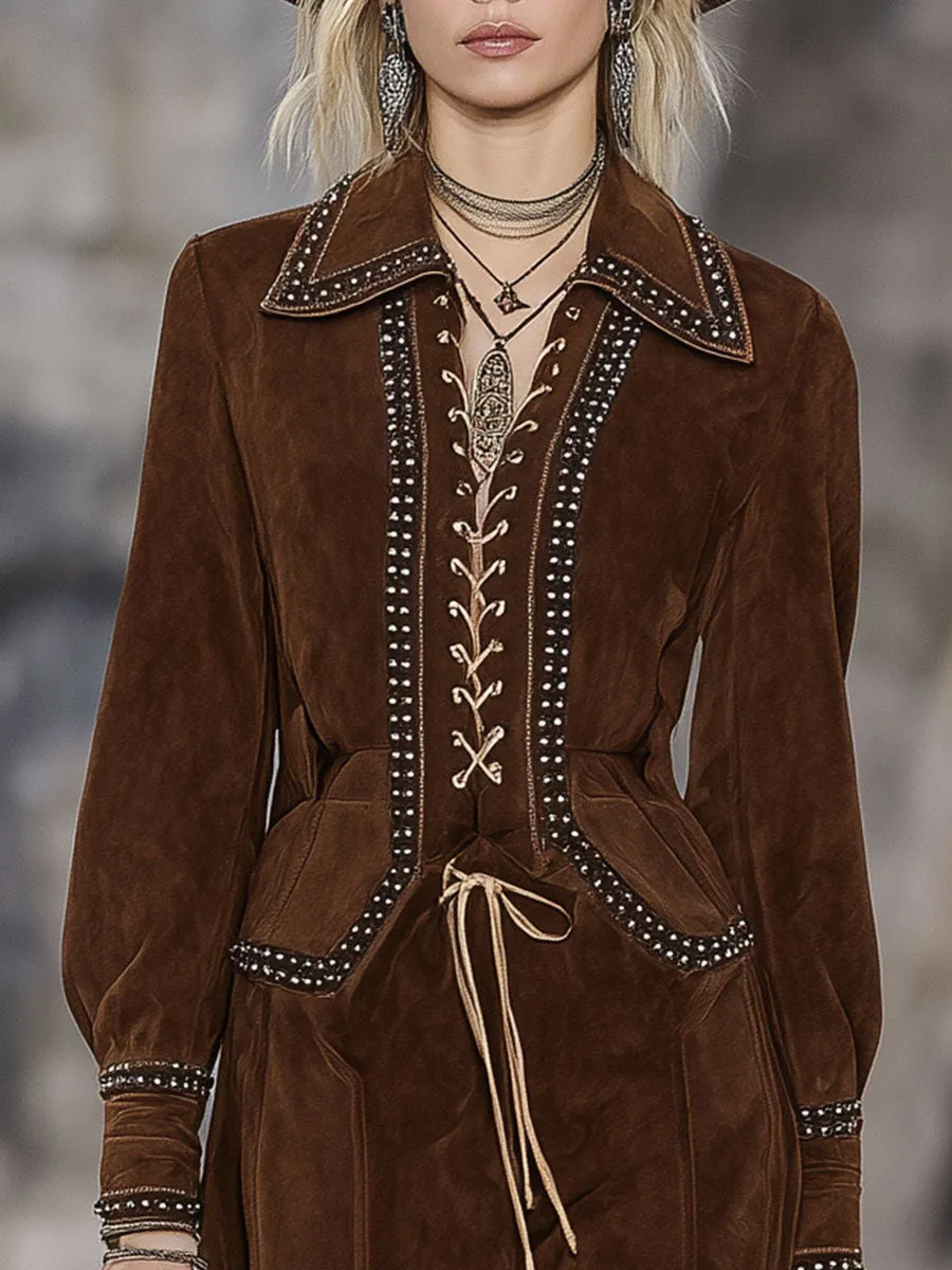 Vintage Brown Studded Suede Midi Dress sold by Oyrosy product image thumbnail 3