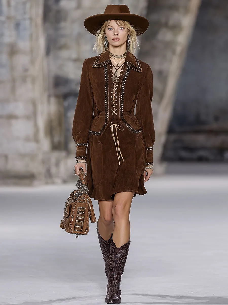 Vintage Brown Studded Suede Midi Dress sold by Oyrosy product image thumbnail 2