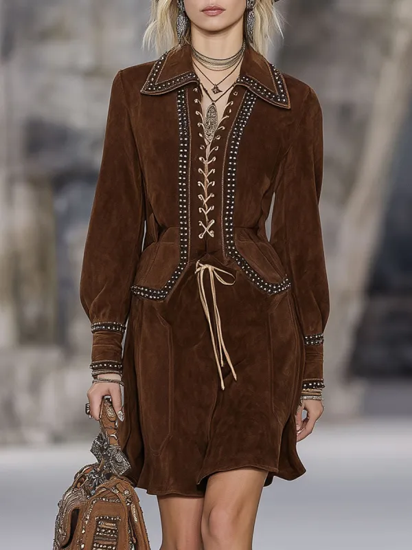 Vintage Brown Studded Suede Midi Dress sold by Oyrosy