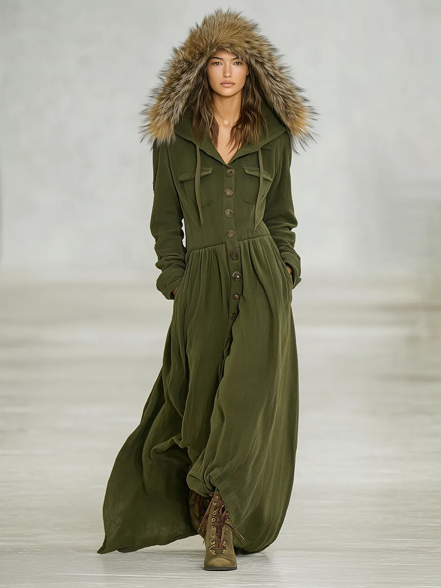 Vintage Fashion Faux Fur Hooded Maxi Dress sold by Oyrosy product image thumbnail 2